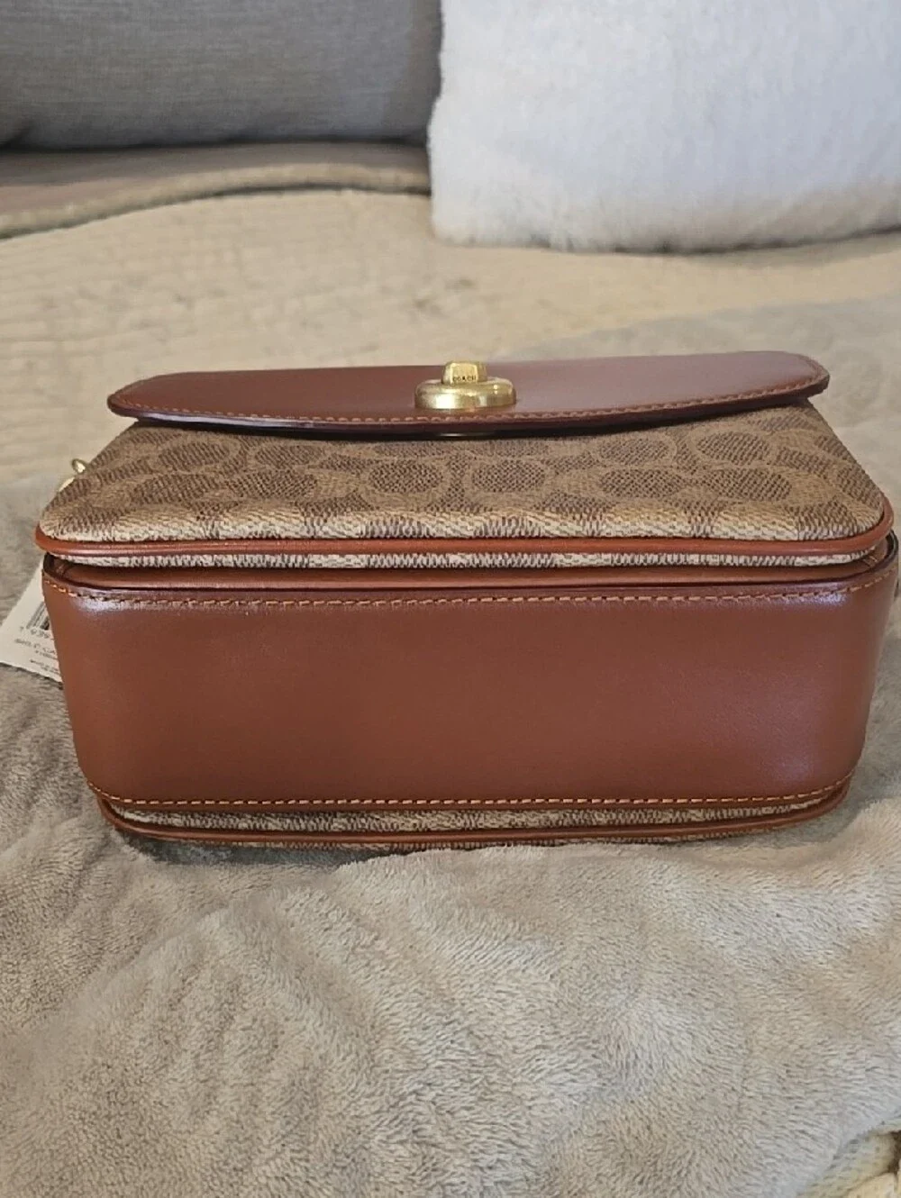 Coach Tan Leather & Signature Canvas Shoulder Bag with Gold Hardware